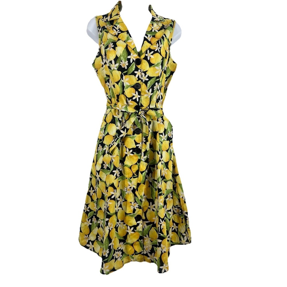 NWT Mlle Gabrielle 100% Cotton Lemon Print Button Front Shirt Dress Sz: M